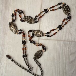 Vintage Bronze Tone Filigree and Amber Beaded Long Necklace Belt Boho Retro 38”